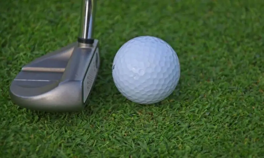 Putter and golf ball on grass.