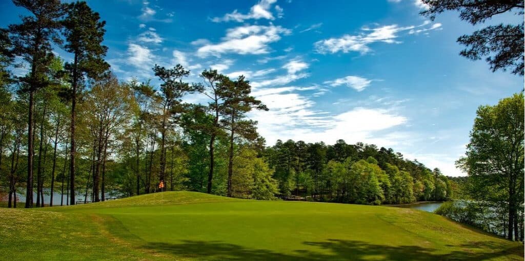 Golf course with green trees and blue sky.